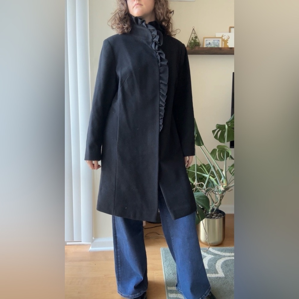 DKNY Women’s Black Ruffle Button Down Overcoat, Size 16W